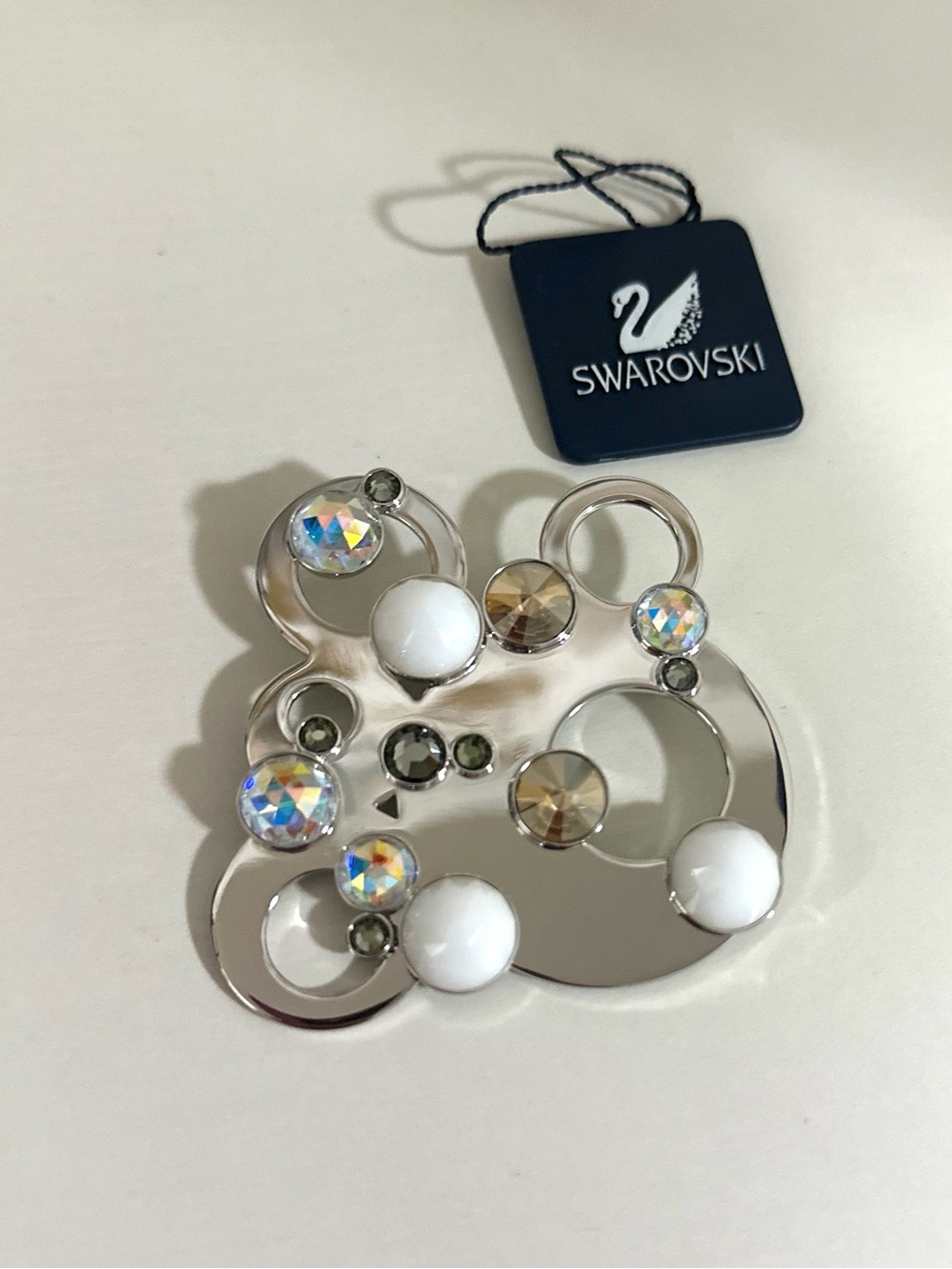 Swarovski Silver Tone Crystal Accent Phone Ring with White Cabochons